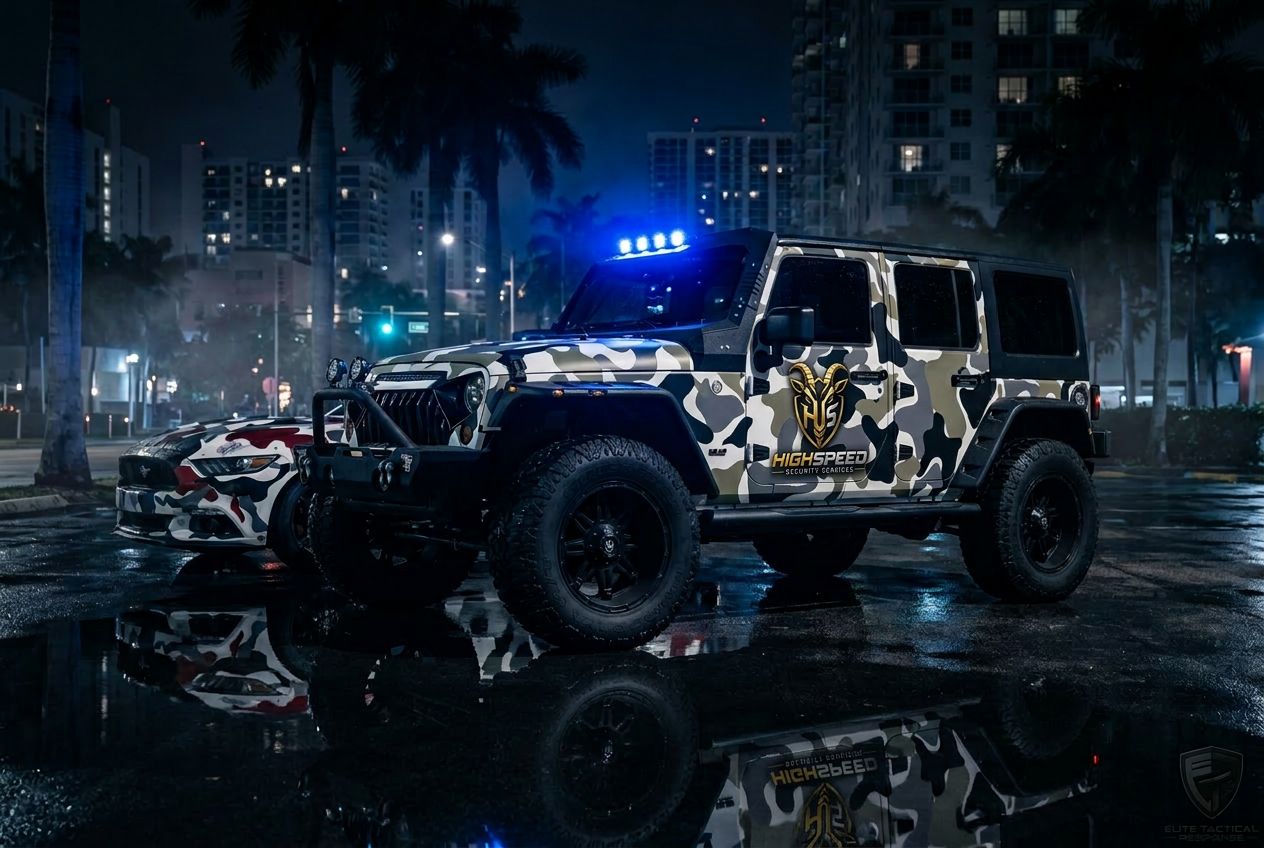 Highspeed Security patrol vehicle with blue emergency lights